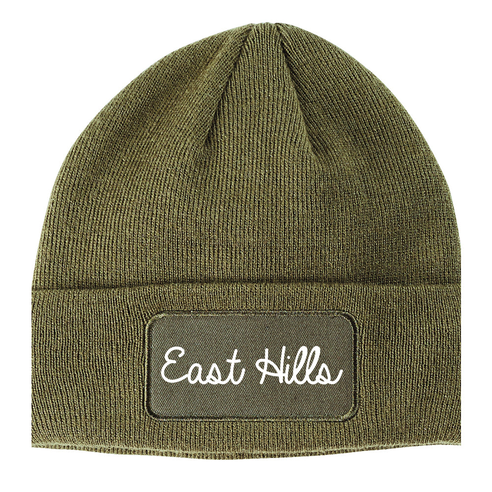 East Hills New York NY Script Mens Knit Beanie Hat Cap Olive Green