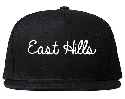 East Hills New York NY Script Mens Snapback Hat Black