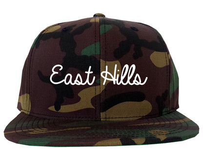 East Hills New York NY Script Mens Snapback Hat Army Camo