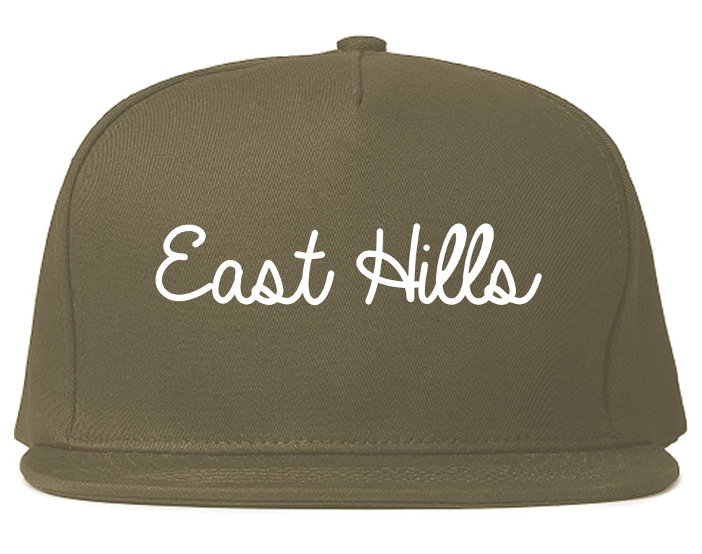 East Hills New York NY Script Mens Snapback Hat Grey