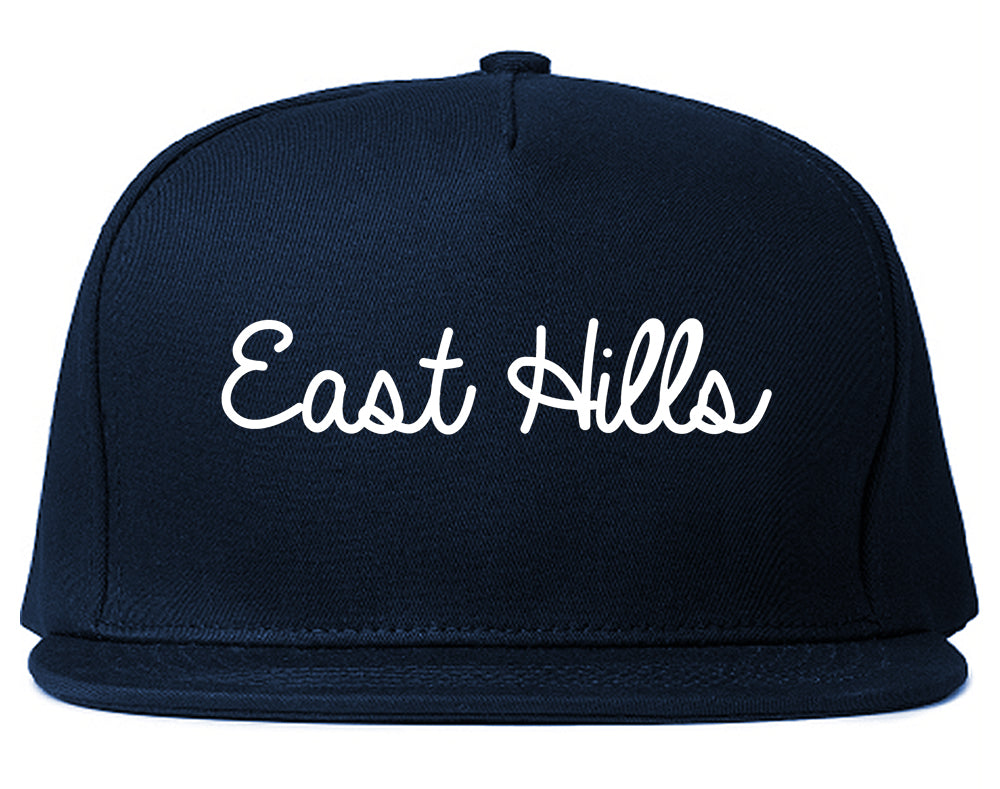 East Hills New York NY Script Mens Snapback Hat Navy Blue