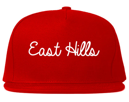East Hills New York NY Script Mens Snapback Hat Red