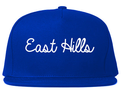 East Hills New York NY Script Mens Snapback Hat Royal Blue