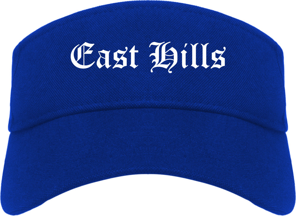East Hills New York NY Old English Mens Visor Cap Hat Royal Blue