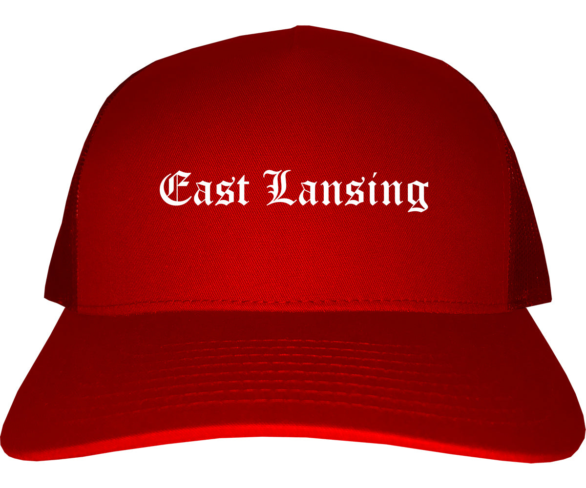 East Lansing Michigan MI Old English Mens Trucker Hat Cap Red