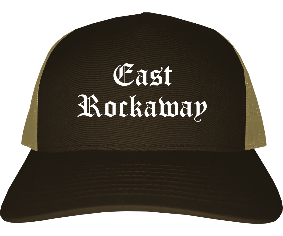 East Rockaway New York NY Old English Mens Trucker Hat Cap Brown