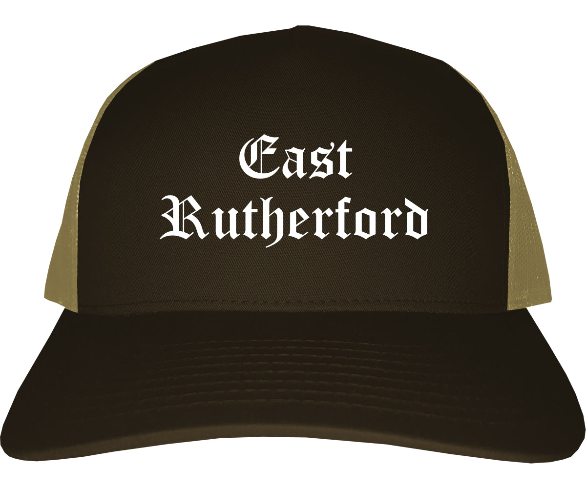 East Rutherford New Jersey NJ Old English Mens Trucker Hat Cap Brown
