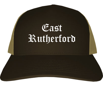 East Rutherford New Jersey NJ Old English Mens Trucker Hat Cap Brown