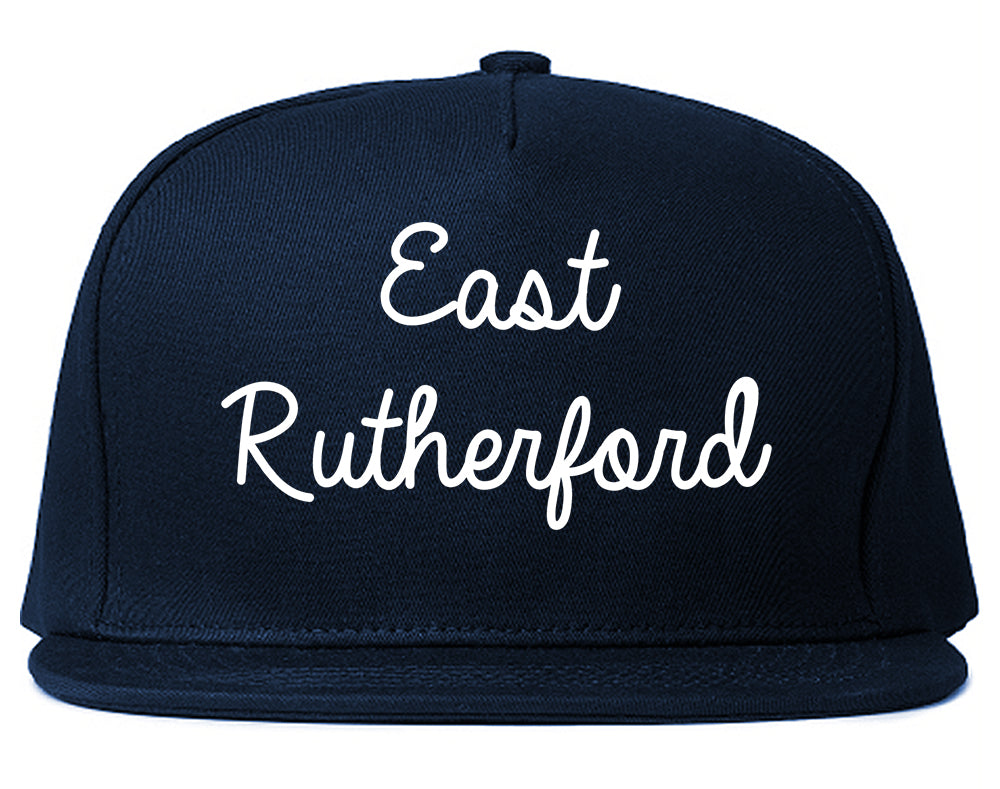 East Rutherford New Jersey NJ Script Mens Snapback Hat Navy Blue