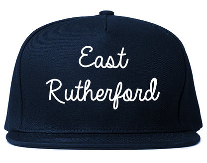 East Rutherford New Jersey NJ Script Mens Snapback Hat Navy Blue