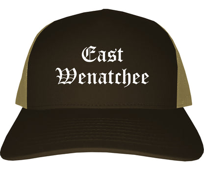 East Wenatchee Washington WA Old English Mens Trucker Hat Cap Brown