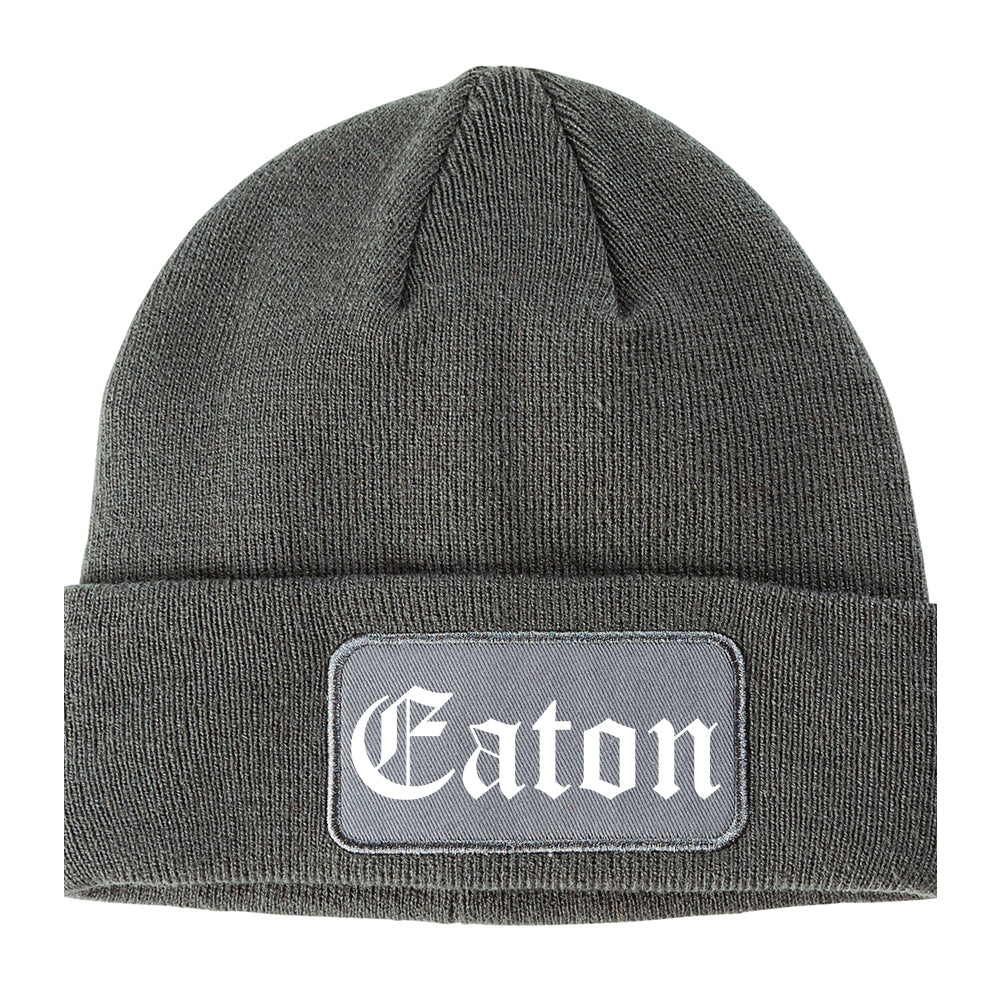 Eaton Ohio OH Old English Mens Knit Beanie Hat Cap Grey