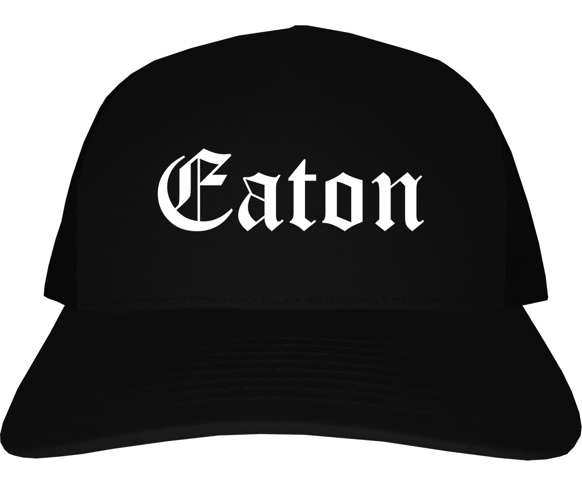 Eaton Ohio OH Old English Mens Trucker Hat Cap Black