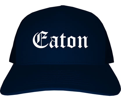 Eaton Ohio OH Old English Mens Trucker Hat Cap Navy Blue
