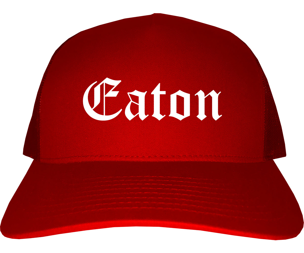 Eaton Ohio OH Old English Mens Trucker Hat Cap Red