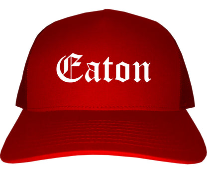 Eaton Ohio OH Old English Mens Trucker Hat Cap Red