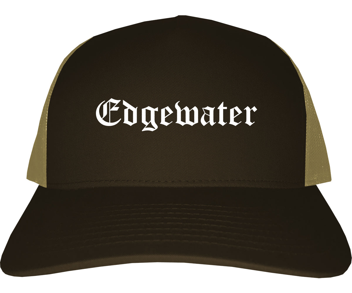 Edgewater Florida FL Old English Mens Trucker Hat Cap Brown