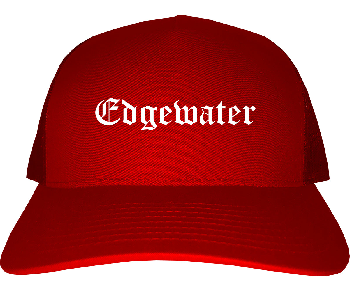 Edgewater New Jersey NJ Old English Mens Trucker Hat Cap Red