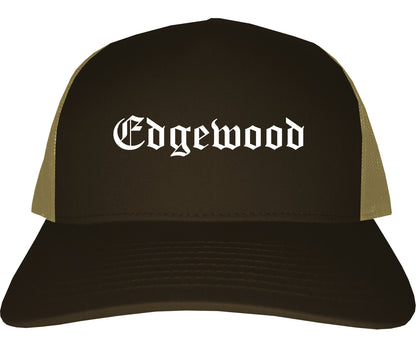 Edgewood Washington WA Old English Mens Trucker Hat Cap Brown