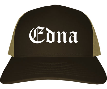 Edna Texas TX Old English Mens Trucker Hat Cap Brown