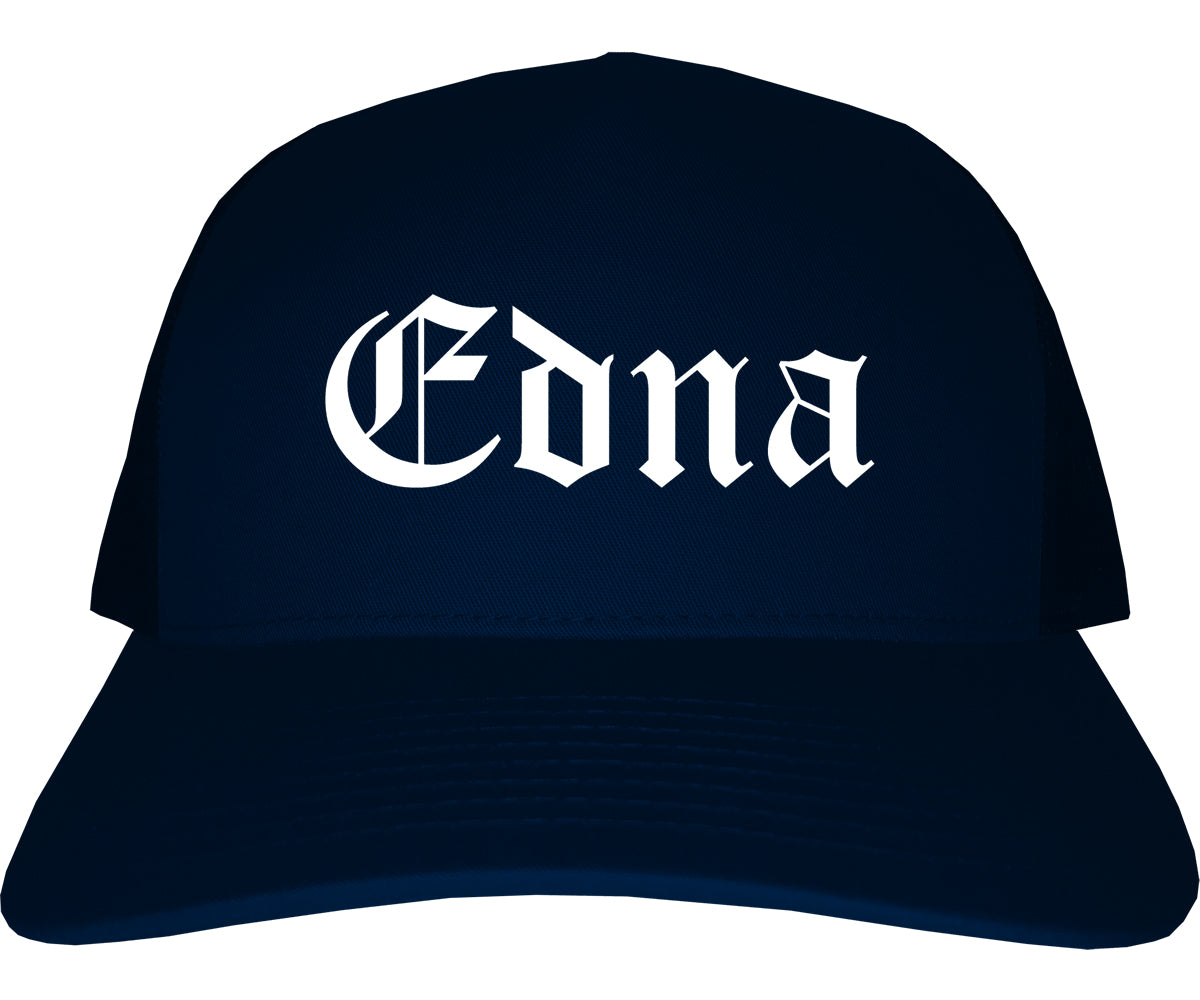 Edna Texas TX Old English Mens Trucker Hat Cap Navy Blue