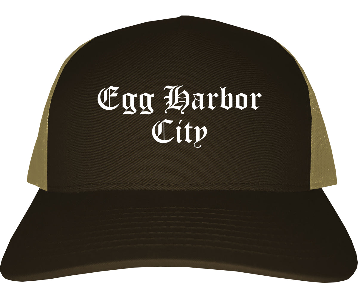 Egg Harbor City New Jersey NJ Old English Mens Trucker Hat Cap Brown