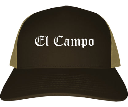 El Campo Texas TX Old English Mens Trucker Hat Cap Brown