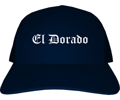 El Dorado Arkansas AR Old English Mens Trucker Hat Cap Navy Blue