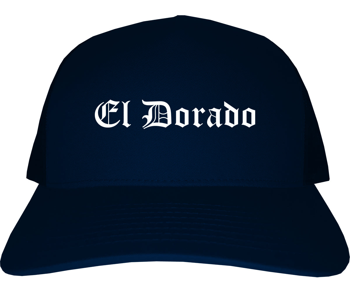 El Dorado Kansas KS Old English Mens Trucker Hat Cap Navy Blue
