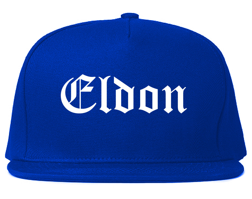 Eldon Missouri MO Old English Mens Snapback Hat Royal Blue
