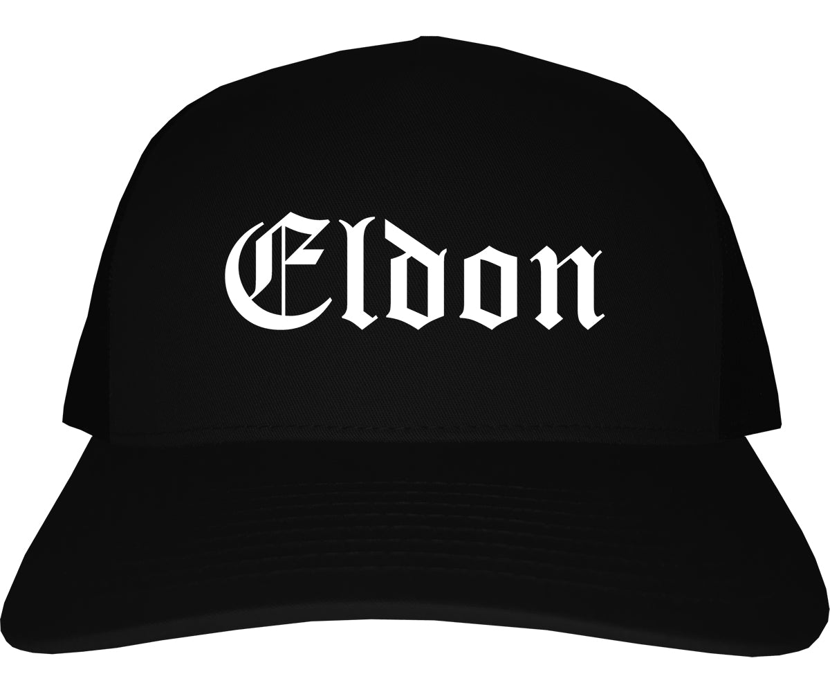 Eldon Missouri MO Old English Mens Trucker Hat Cap Black