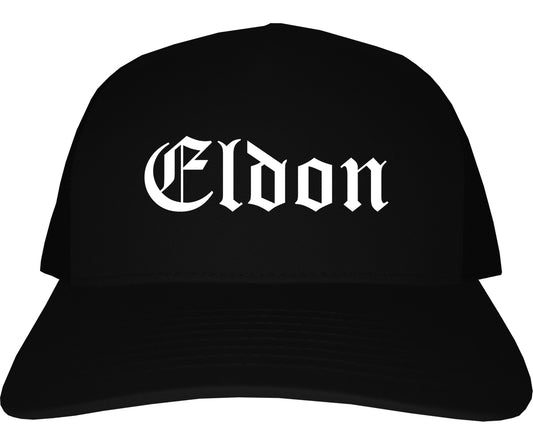 Eldon Missouri MO Old English Mens Trucker Hat Cap Black
