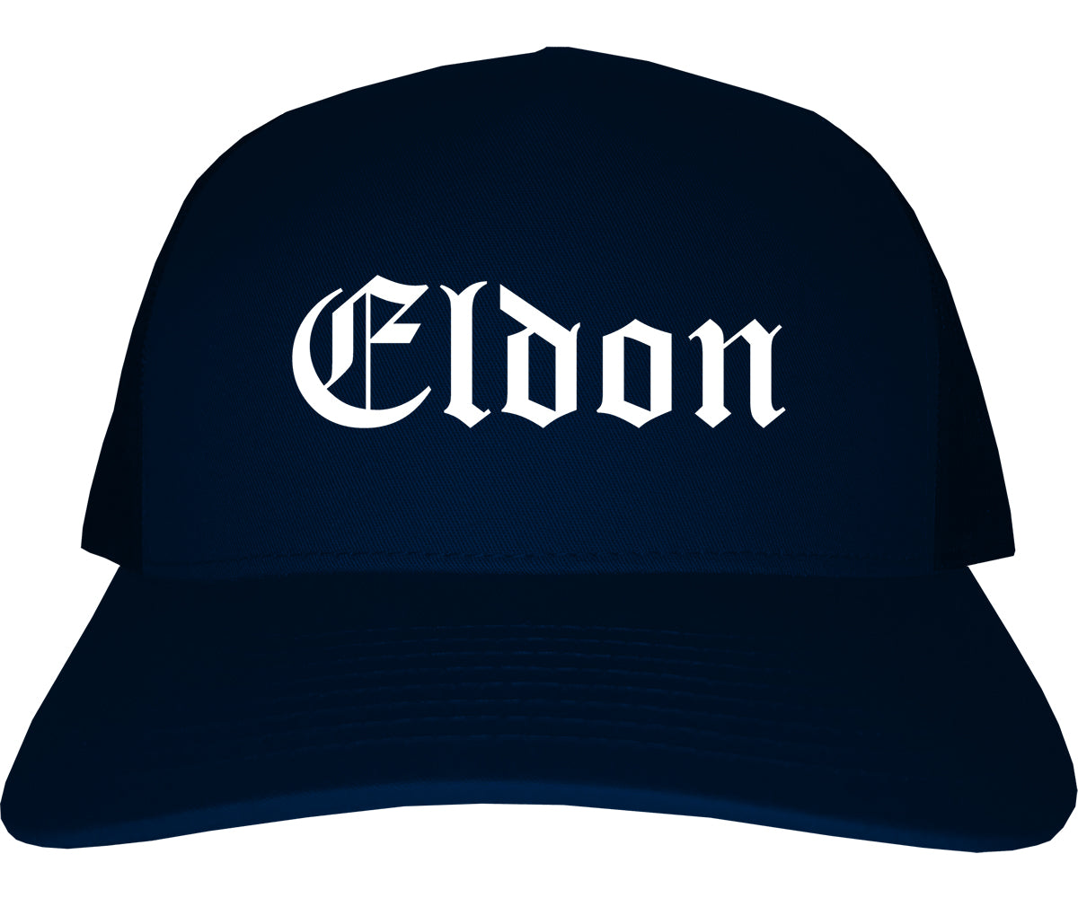 Eldon Missouri MO Old English Mens Trucker Hat Cap Navy Blue