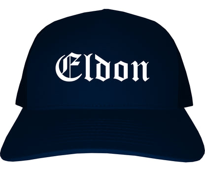 Eldon Missouri MO Old English Mens Trucker Hat Cap Navy Blue