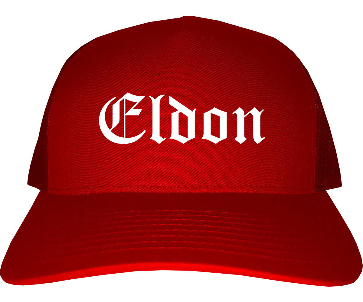 Eldon Missouri MO Old English Mens Trucker Hat Cap Red