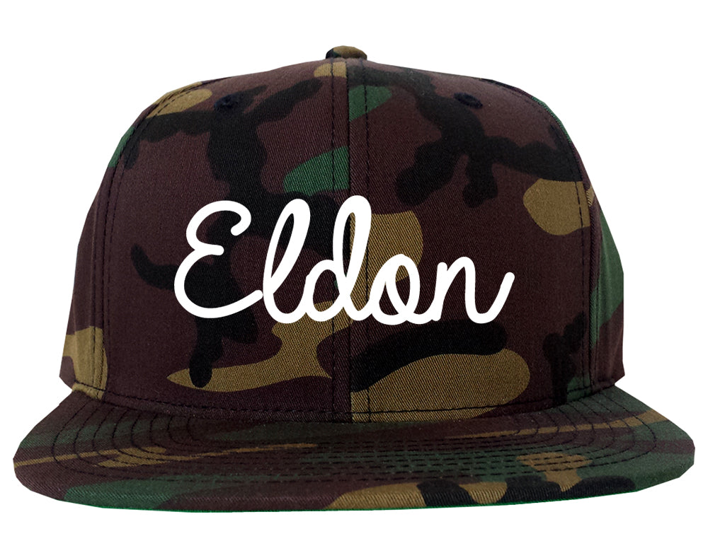 Eldon Missouri MO Script Mens Snapback Hat Army Camo