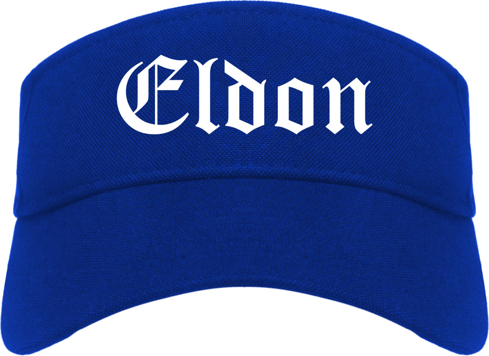 Eldon Missouri MO Old English Mens Visor Cap Hat Royal Blue