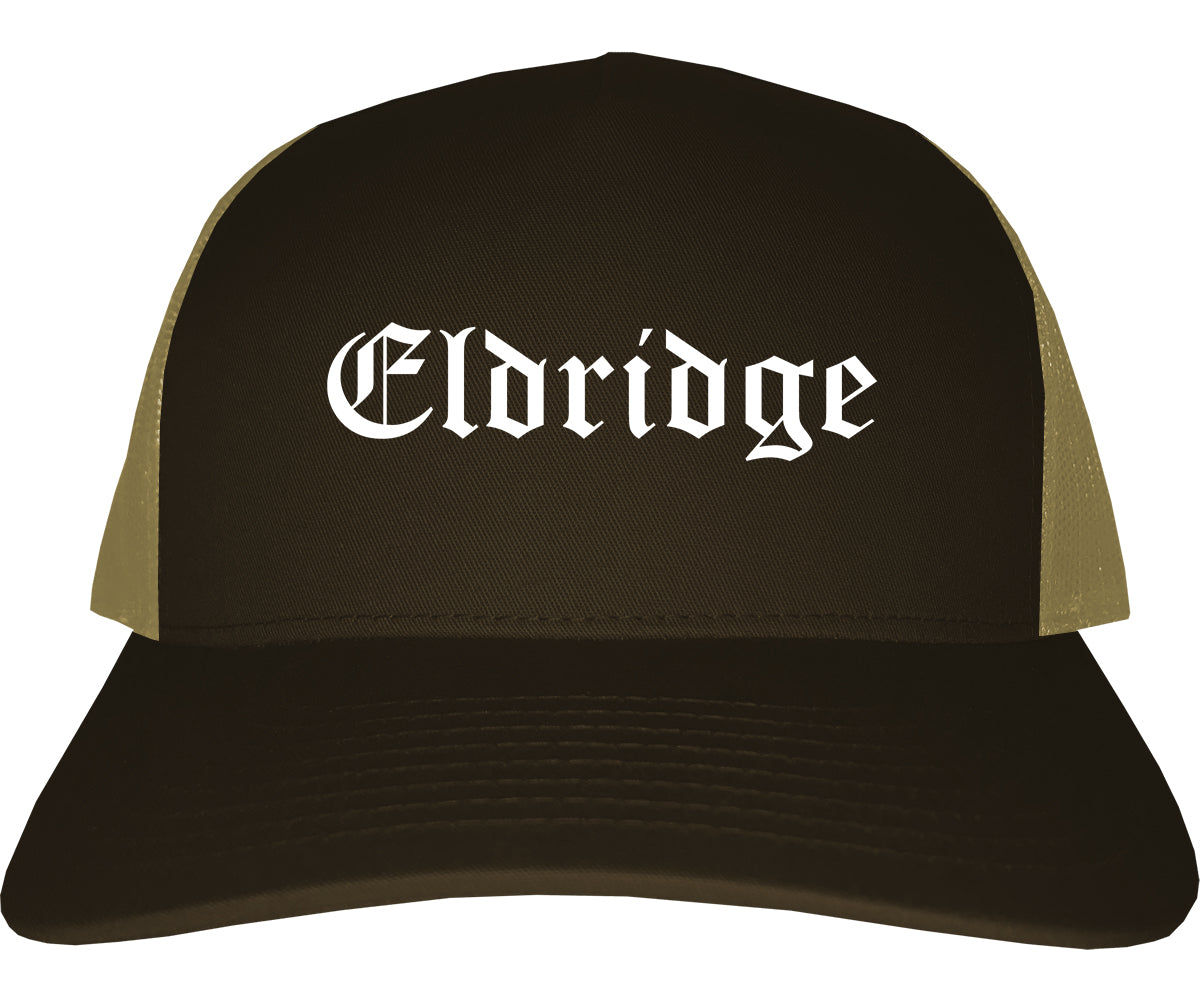 Eldridge Iowa IA Old English Mens Trucker Hat Cap Brown