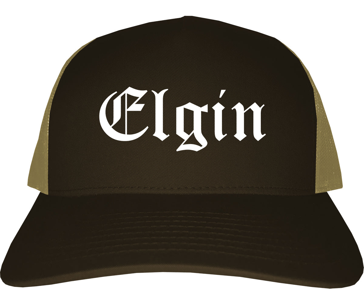 Elgin Illinois IL Old English Mens Trucker Hat Cap Brown