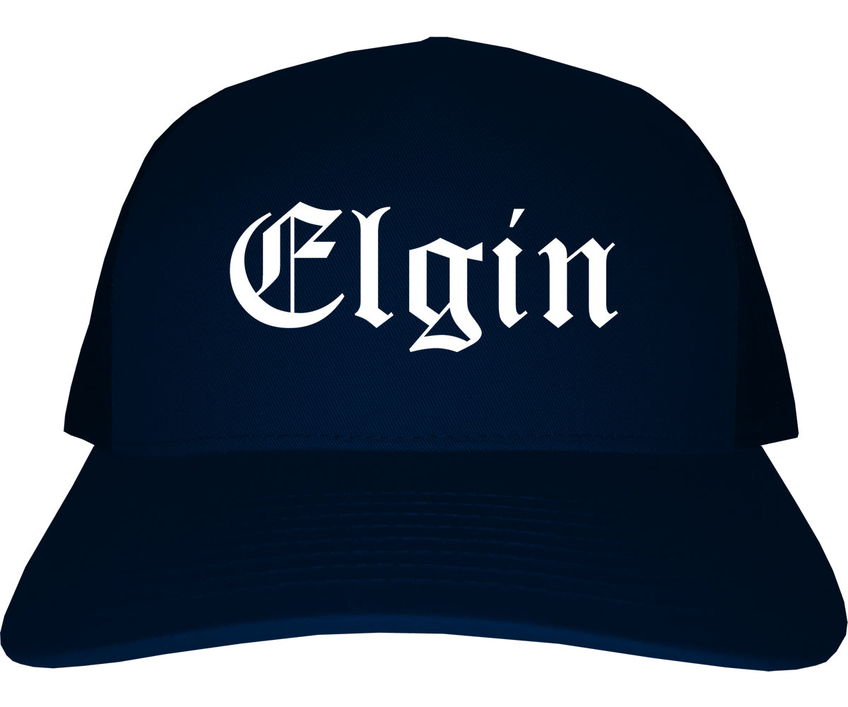 Elgin Illinois IL Old English Mens Trucker Hat Cap Navy Blue