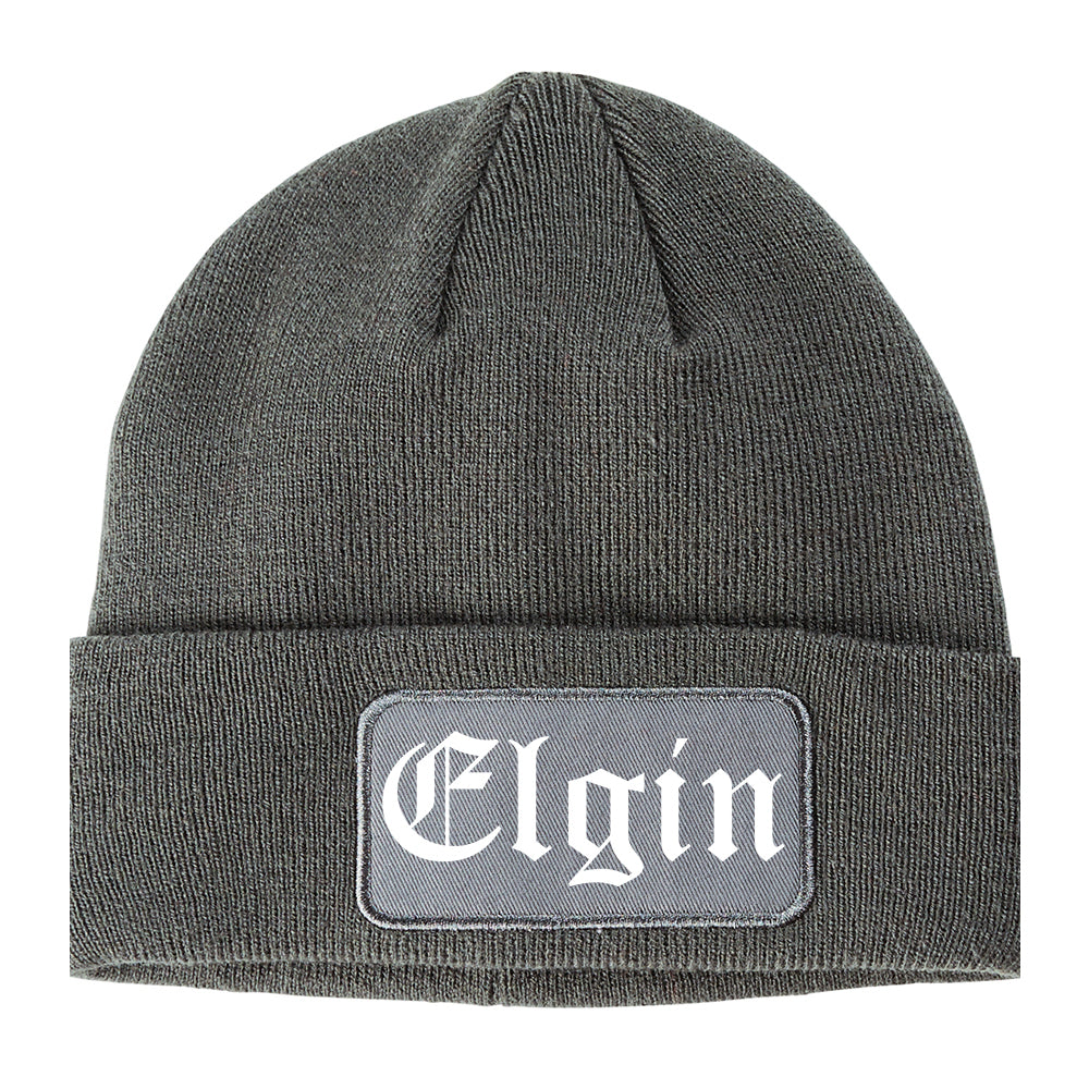 Elgin Texas TX Old English Mens Knit Beanie Hat Cap Grey