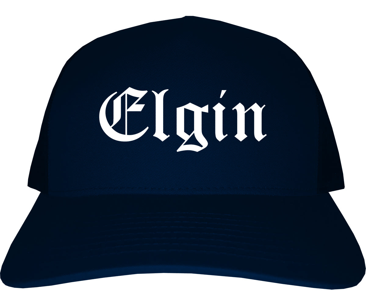 Elgin Texas TX Old English Mens Trucker Hat Cap Navy Blue