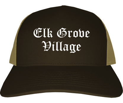 Elk Grove Village Illinois IL Old English Mens Trucker Hat Cap Brown