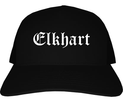 Elkhart Indiana IN Old English Mens Trucker Hat Cap Black