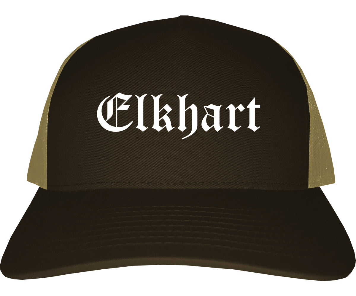 Elkhart Indiana IN Old English Mens Trucker Hat Cap Brown