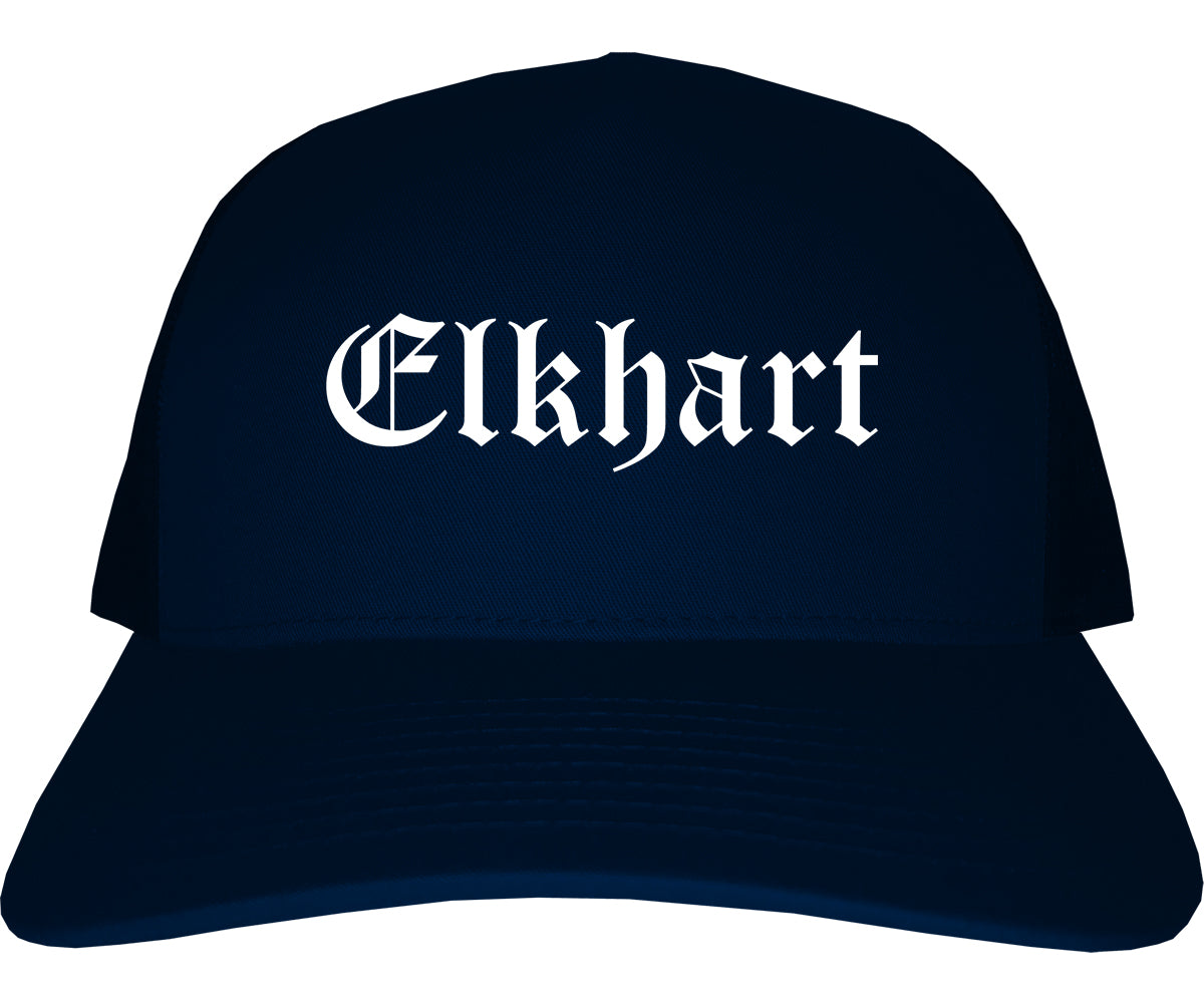 Elkhart Indiana IN Old English Mens Trucker Hat Cap Navy Blue