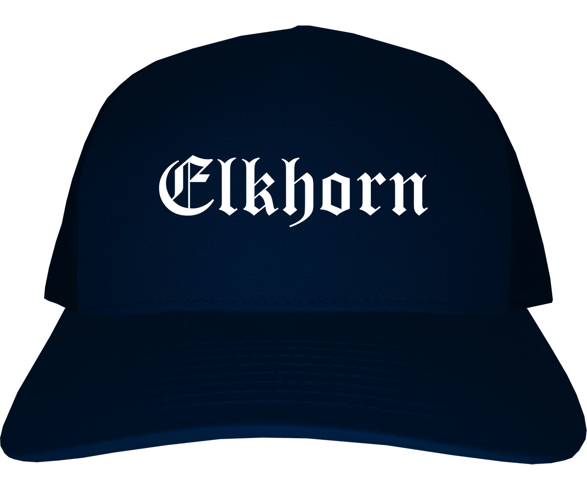 Elkhorn Wisconsin WI Old English Mens Trucker Hat Cap Navy Blue