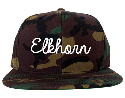 Elkhorn Wisconsin WI Script Mens Snapback Hat Army Camo