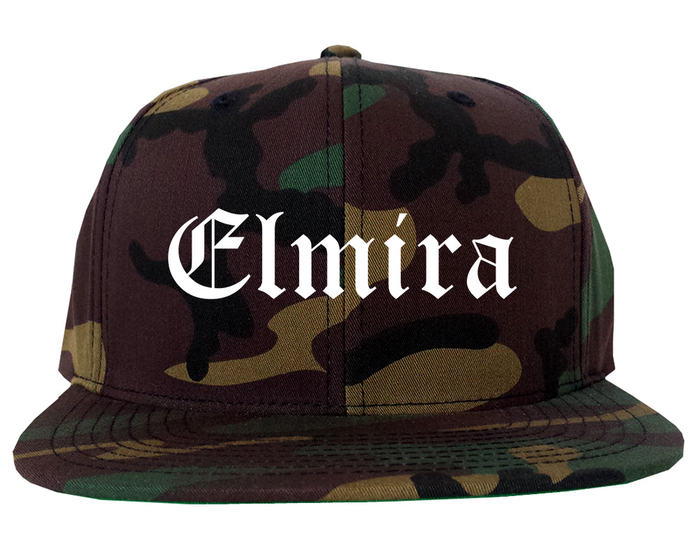 Elmira New York NY Old English Mens Snapback Hat Army Camo