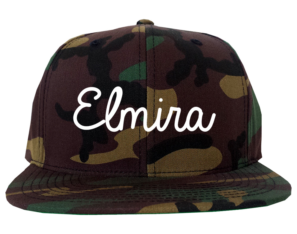 Elmira New York NY Script Mens Snapback Hat Army Camo